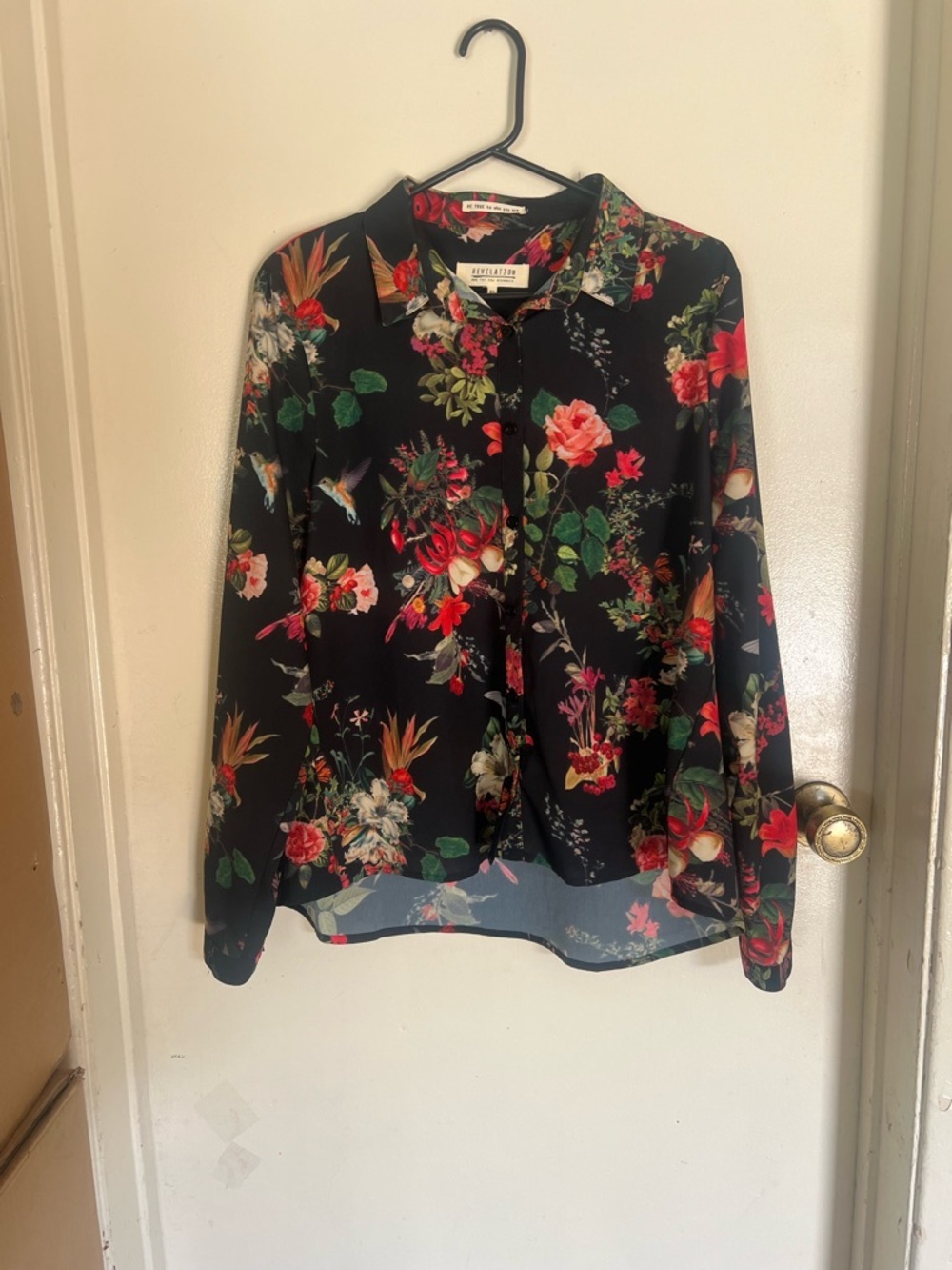 Revelation Black Floral Button-Up Shirt with Red & Green Blooms